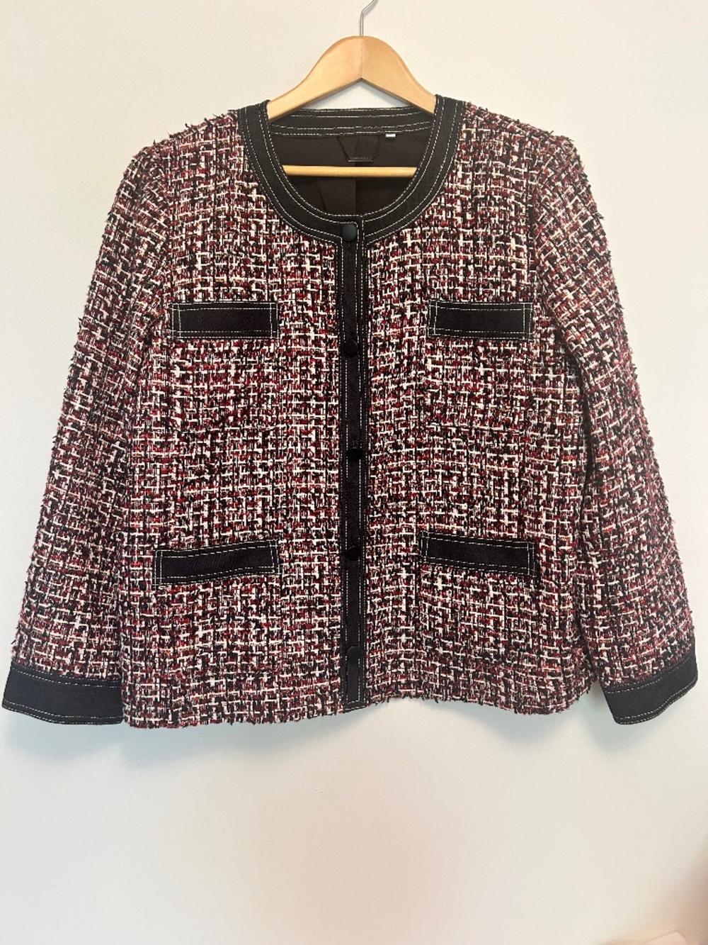 Chico's Tweed Jacket Denim Trim Burgundy Black Shimmer Collarless Snap 3 XL
